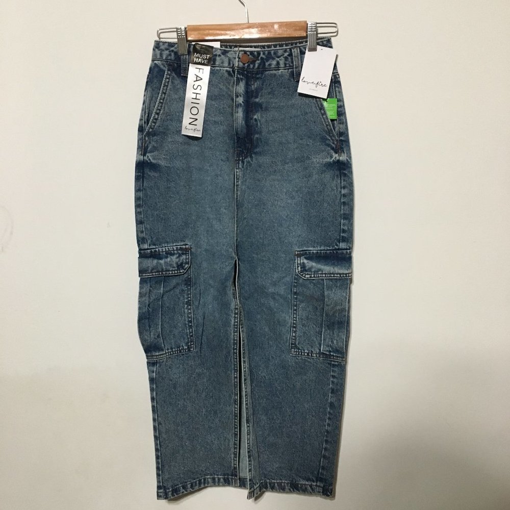 Love Life Denim Midi Skirt with Cargo Pockets Distressed 90s Style Size 3 5 7